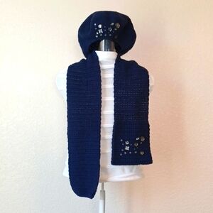 2 PIECE SET Curations Knit Scarf & Beret Navy Blue with Clear Jewels, Womens